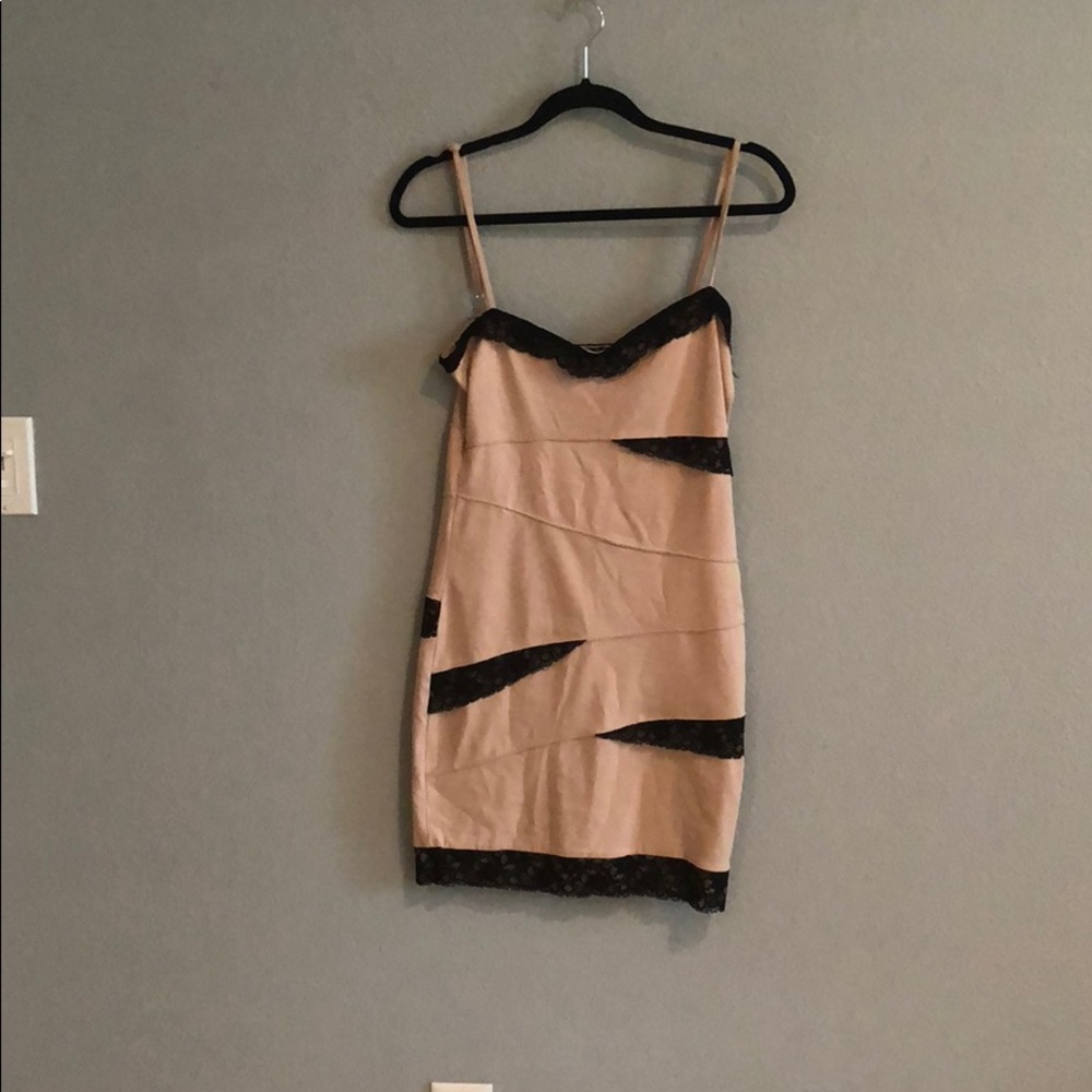 Strappy tan and lace mini dress